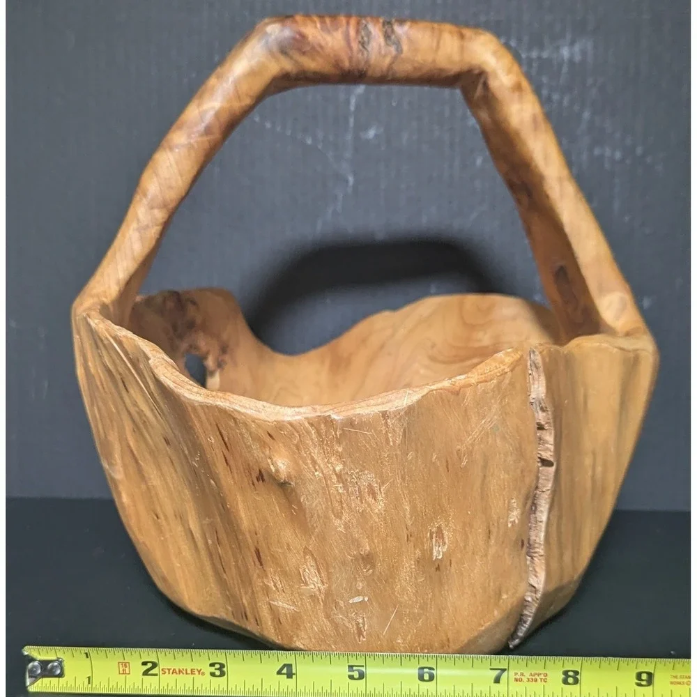 Vintage Hand Carved Burl Wood Rustic Wooden Basket with Handle So Much Character